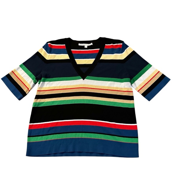 Veronica Beard Myra Striped V-Neck Pullover Short Sleeve Sweater L